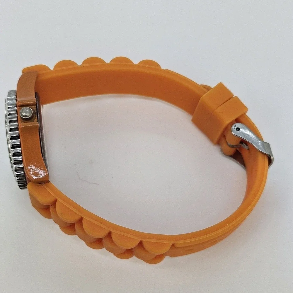 30MM Watch Women Orange Dial Crystal Bezel‎ Orange Plastic Bands New Battery